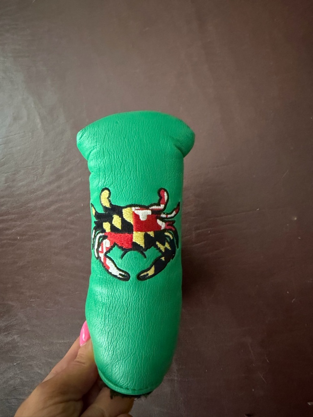 Green Leather Putter Headcover with Maryland Flag Crab Embroidery
